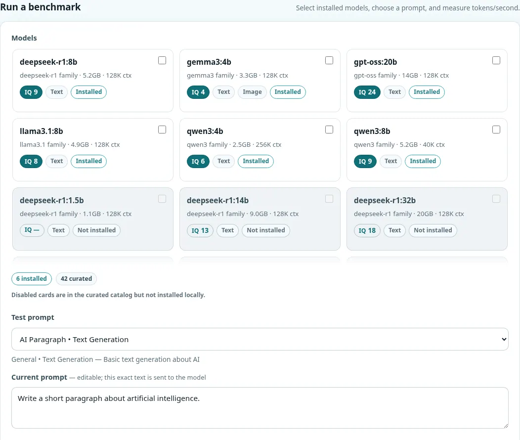 Local Bench Run a benchmark section with a grid of model cards showing IQ score badges and Installed or Not installed labels, a 6 installed and 42 curated summary, a Test prompt picker set to AI Paragraph, and an editable Current prompt box