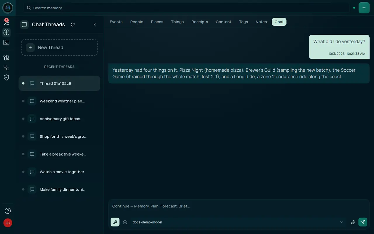 The Chat page. A Chat Threads list down the left has a New Thread button and recent threads. In the open thread, the question What did I do yesterday? is answered with a short list of the day's example events. The composer at the bottom holds a model picker reading docs-demo-model and a send button.