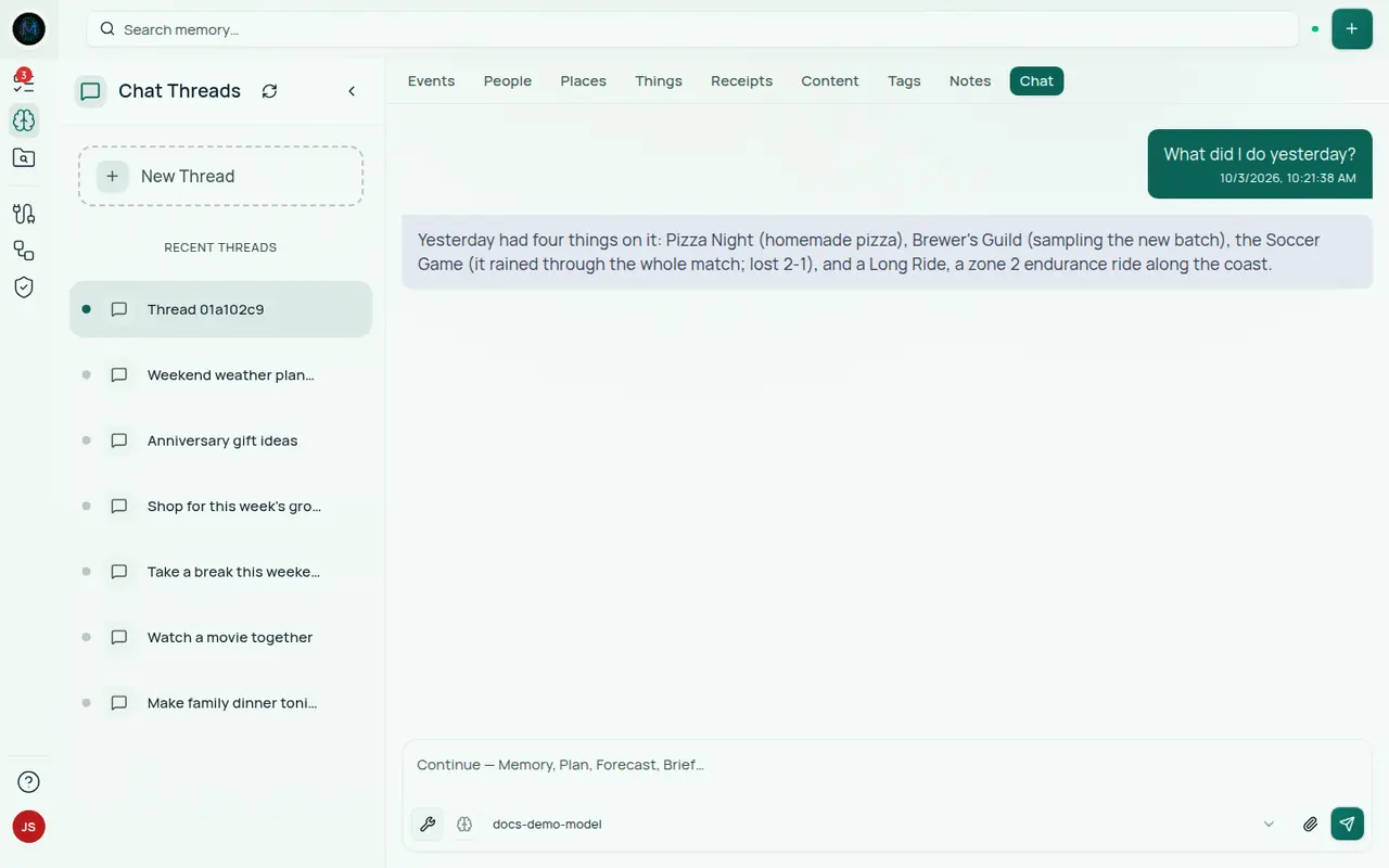 The Chat page. A Chat Threads list down the left has a New Thread button and recent threads. In the open thread, the question What did I do yesterday? is answered with a short list of the day's example events. The composer at the bottom holds a model picker reading docs-demo-model and a send button.