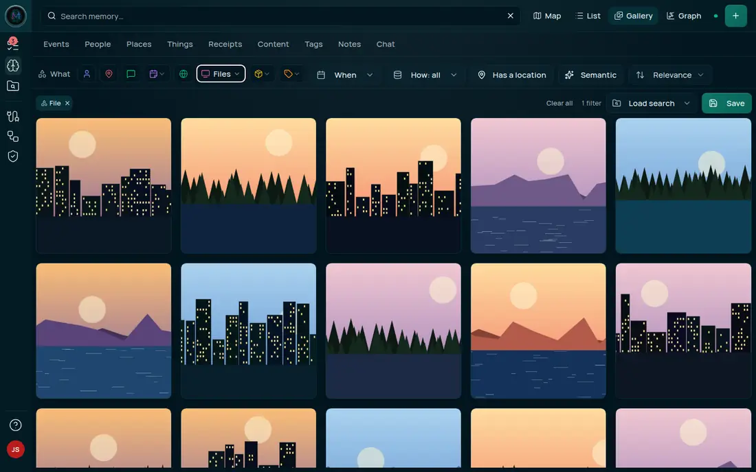 The Explorer's Gallery view with a Files filter applied. A grid of thumbnails shows example landscape and city-skyline images, with a File chip and a Save button above the grid.