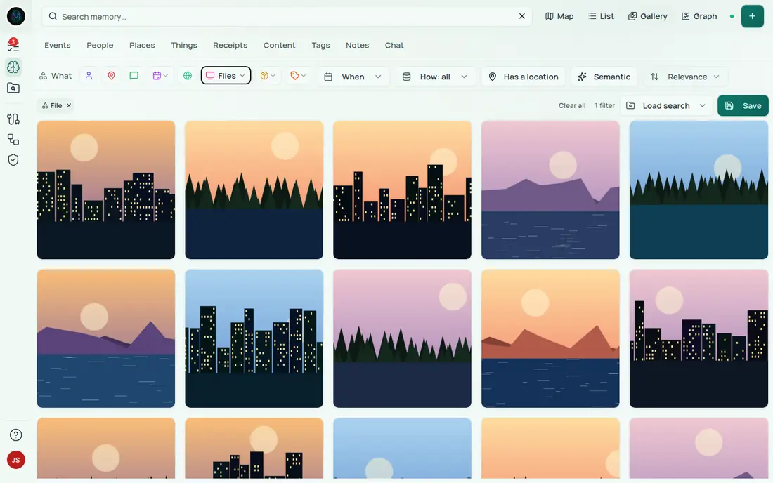 The Explorer's Gallery view with a Files filter applied. A grid of thumbnails shows example landscape and city-skyline images, with a File chip and a Save button above the grid.