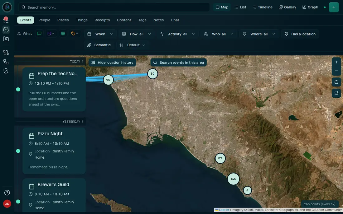 The Explorer's Map view. Satellite imagery of a coastal city carries numbered cluster markers and a blue track of location history. A timeline panel down the left lists dated event cards, and Hide location history and Search events in this area buttons sit over the map.
