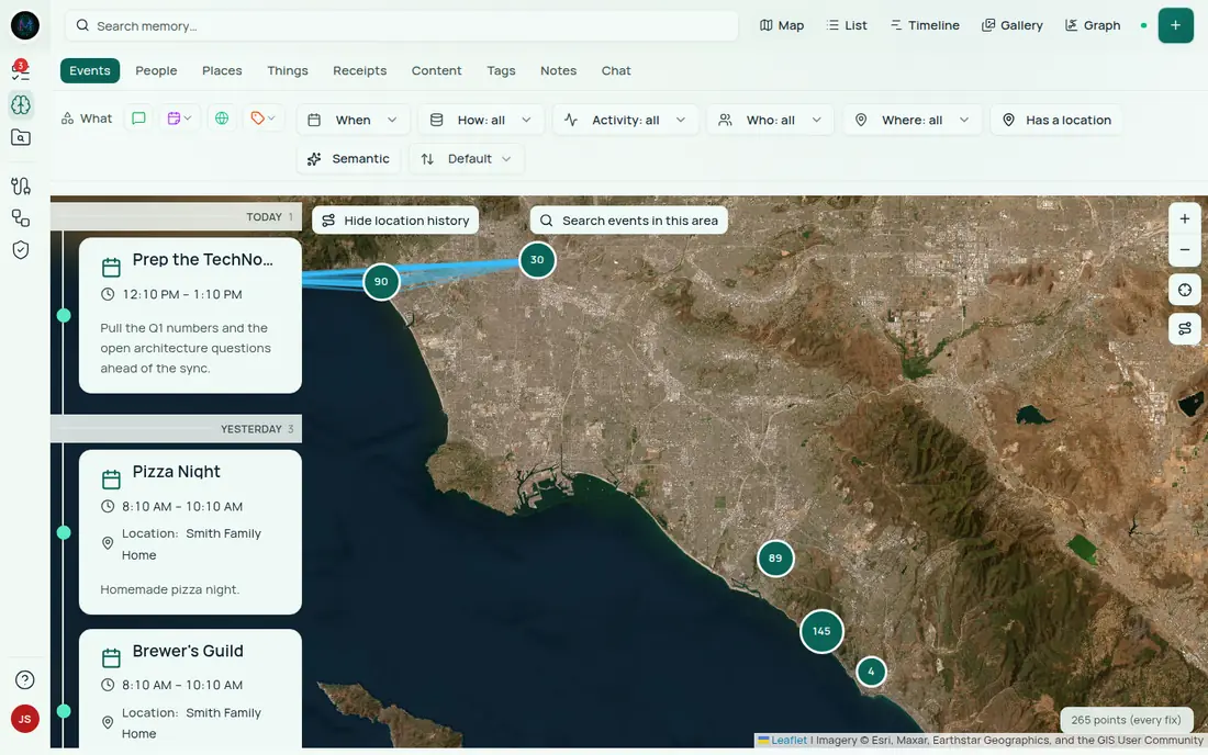 The Explorer's Map view. Satellite imagery of a coastal city carries numbered cluster markers and a blue track of location history. A timeline panel down the left lists dated event cards, and Hide location history and Search events in this area buttons sit over the map.