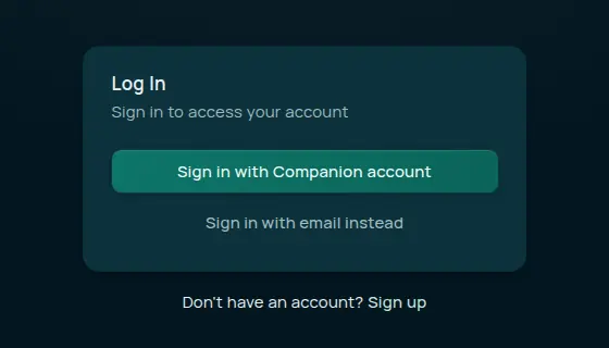 The Companion Memory sign-in page. A Log In card holds a Sign in with Companion account button and a Sign in with email instead link, and a line below it reads Don't have an account? Sign up.
