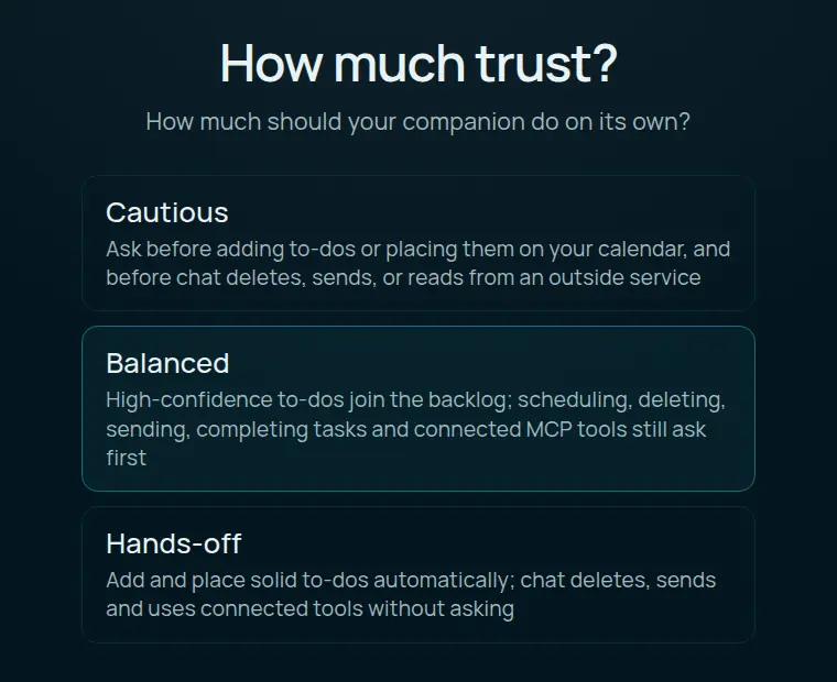 The setup wizard's How much trust? step with three options: Cautious, Balanced and Hands-off, each with a one-line description. Balanced is highlighted.