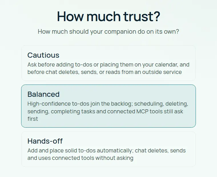 The setup wizard's How much trust? step with three options: Cautious, Balanced and Hands-off, each with a one-line description. Balanced is highlighted.