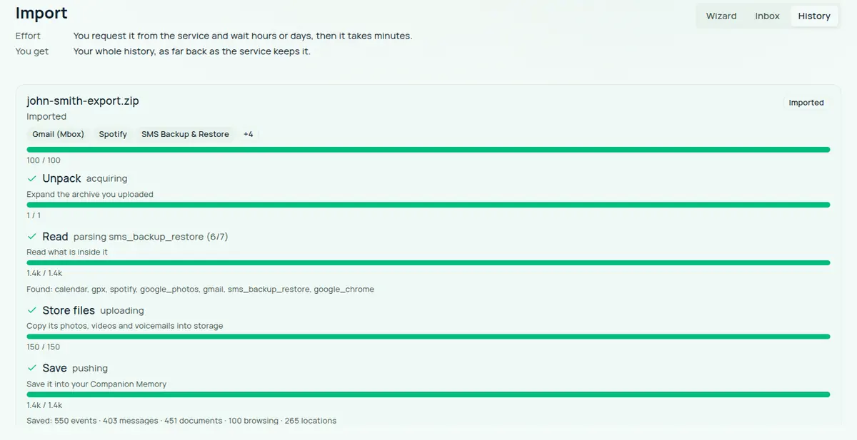 The History view of the import page showing one finished import of example data. The card is marked Imported and lists three service badges and a plus-four badge. Its four stages, Unpack, Read, Store files and Save, each show a check mark and a full progress bar, and the last line reads Saved with counts of events, messages, documents, browsing records and locations.