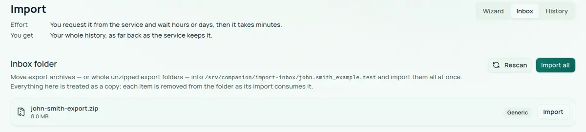The Inbox view of the import page. The Inbox folder heading shows an example folder path, with Rescan and Import all buttons. The list holds one archive, john-smith-export.zip, 8.0 MB, with a Generic badge and an Import button.