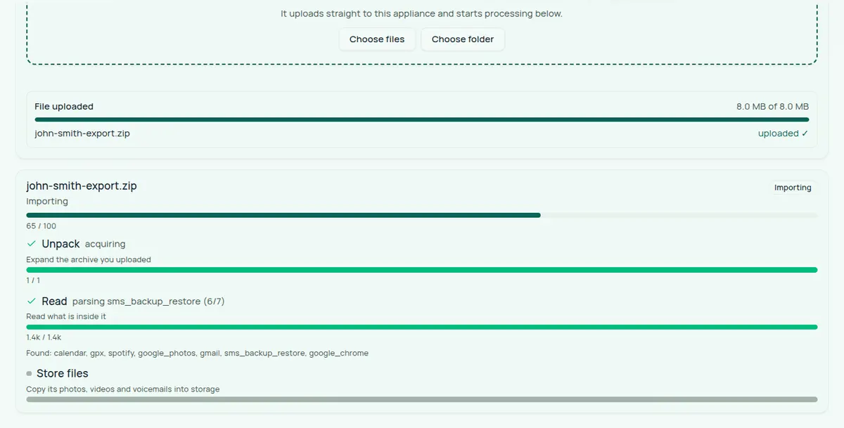 An import in progress in the wizard. The uploaded file is listed as uploaded, and below it the import's progress card shows Unpack and Read finished, with the sources Read found listed under it, and Store files waiting to start.