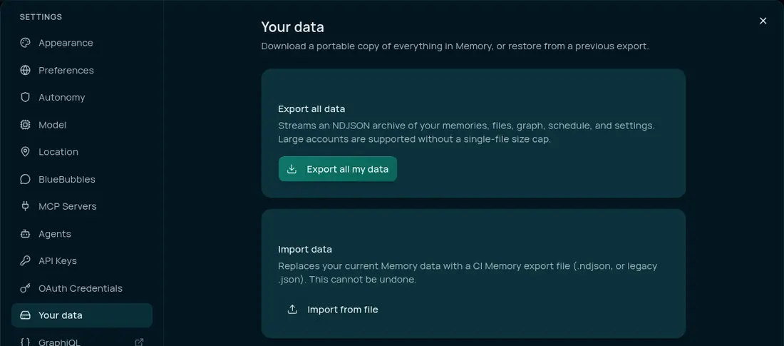 The Your data section of Companion Memory's Settings dialog. An Export all my data card describes a streamed NDJSON archive of your memories, files, graph, schedule and settings, and an Import data card says importing replaces your current Memory data and cannot be undone.