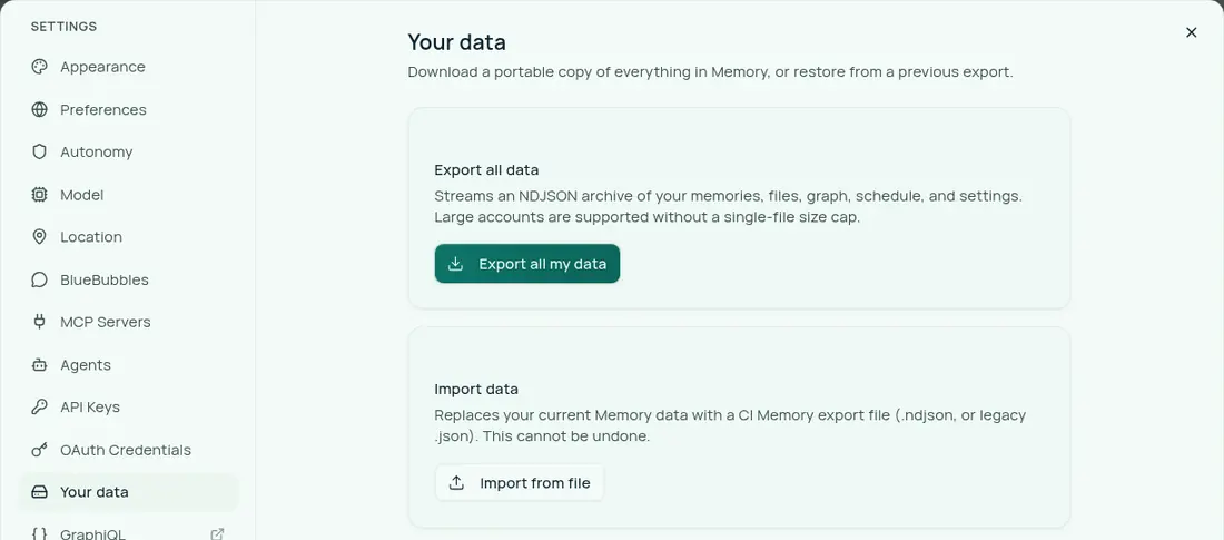 The Your data section of Companion Memory's Settings dialog. An Export all my data card describes a streamed NDJSON archive of your memories, files, graph, schedule and settings, and an Import data card says importing replaces your current Memory data and cannot be undone.