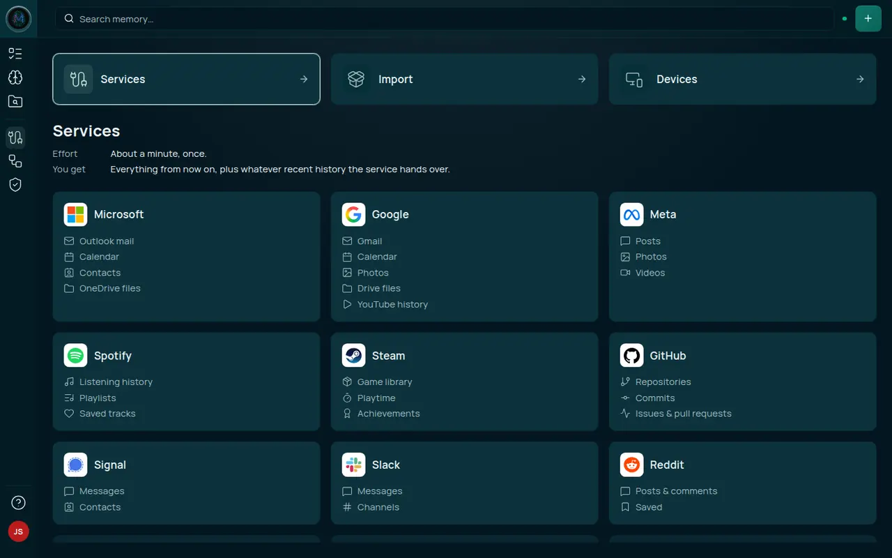 Sources → Services. Three cards across the top, Services, Import and Devices, and below them a catalogue of service cards for Microsoft, Google, Meta, Spotify, Steam, GitHub, Signal, Slack and Reddit, each listing what it brings in. The page says the effort is about a minute, once.