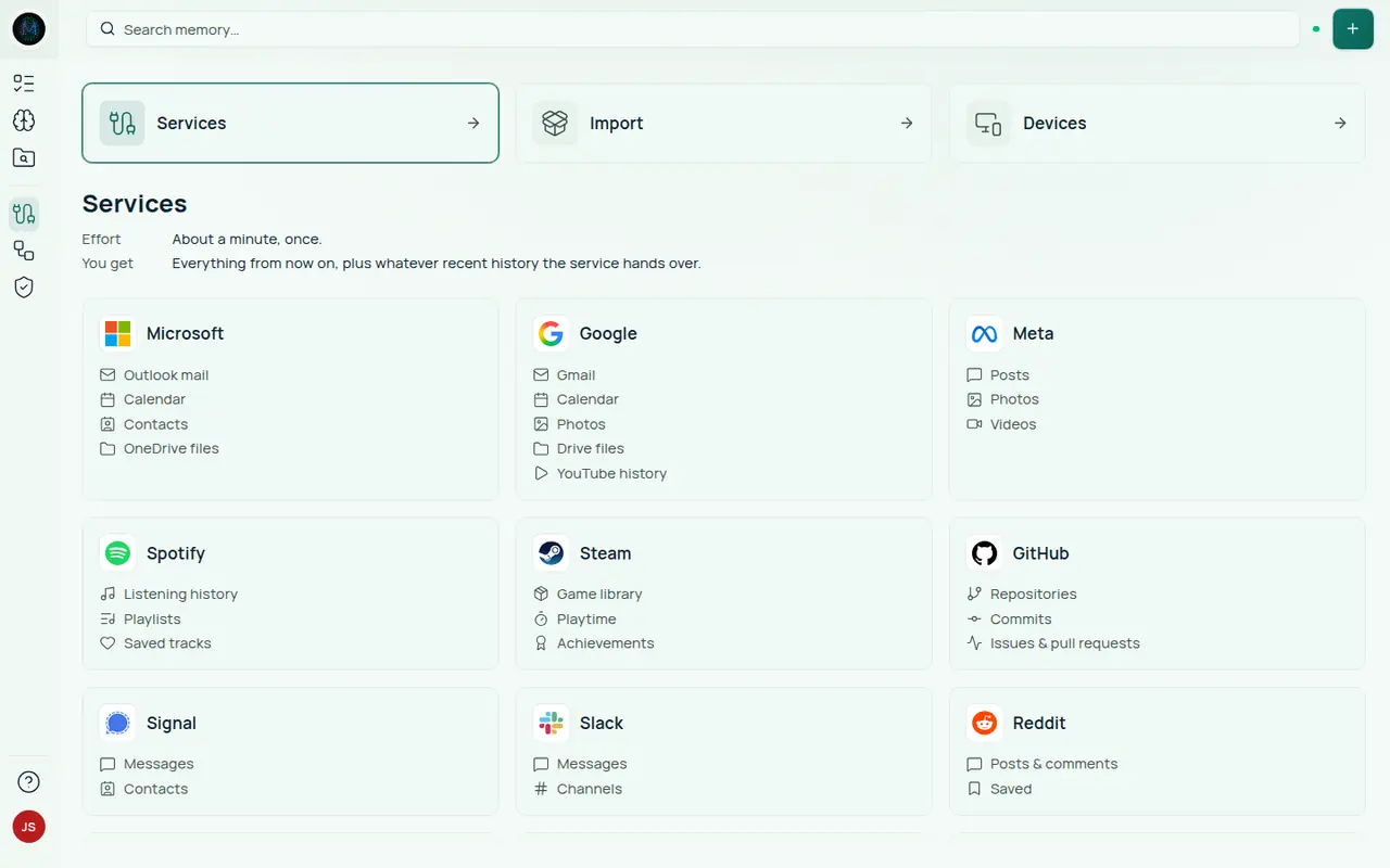 Sources → Services. Three cards across the top, Services, Import and Devices, and below them a catalogue of service cards for Microsoft, Google, Meta, Spotify, Steam, GitHub, Signal, Slack and Reddit, each listing what it brings in. The page says the effort is about a minute, once.