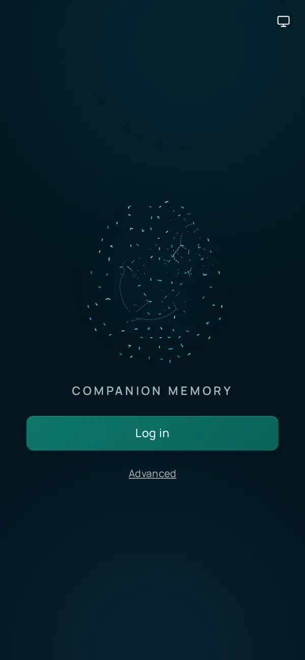 The first screen of the Memory app: the words Companion Memory under an animated dotted globe, a Log in button, and an Advanced link