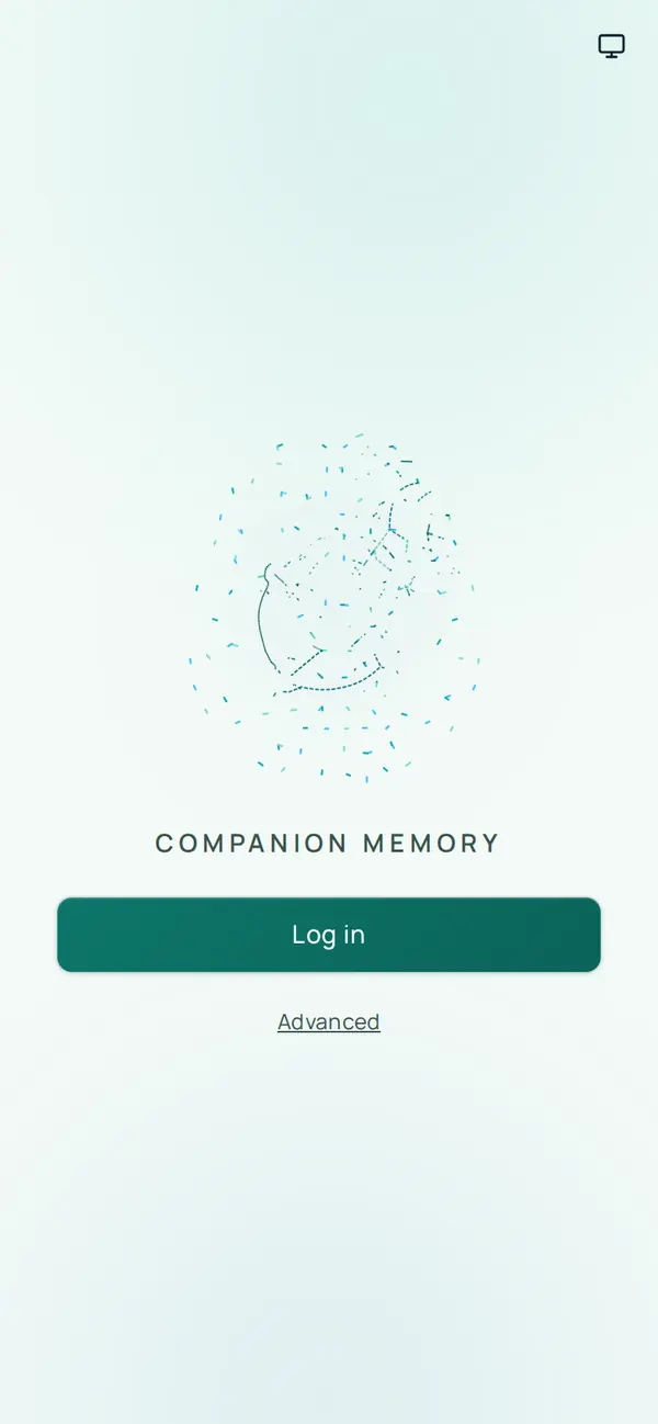 The first screen of the Memory app: the words Companion Memory under an animated dotted globe, a Log in button, and an Advanced link