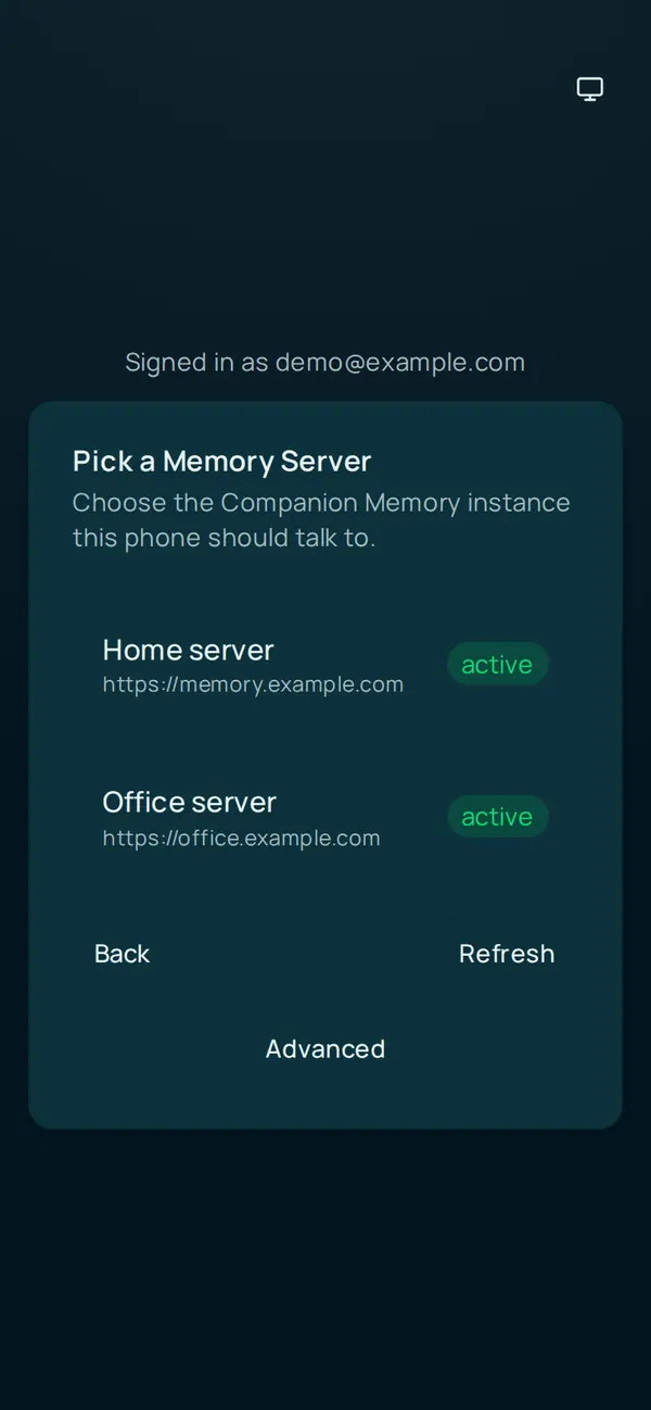 Pick a Memory Server: signed in as an example account, with two example servers, Home server and Office server, each showing an address and an active badge, and Back, Refresh, and Advanced buttons