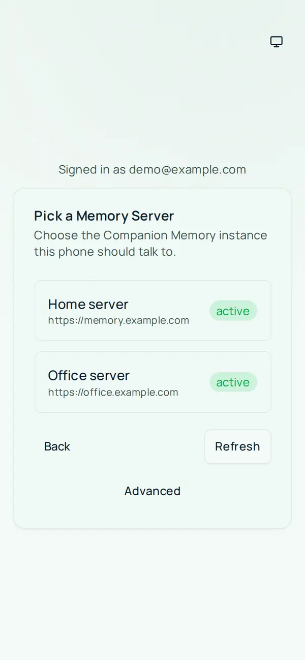 Pick a Memory Server: signed in as an example account, with two example servers, Home server and Office server, each showing an address and an active badge, and Back, Refresh, and Advanced buttons
