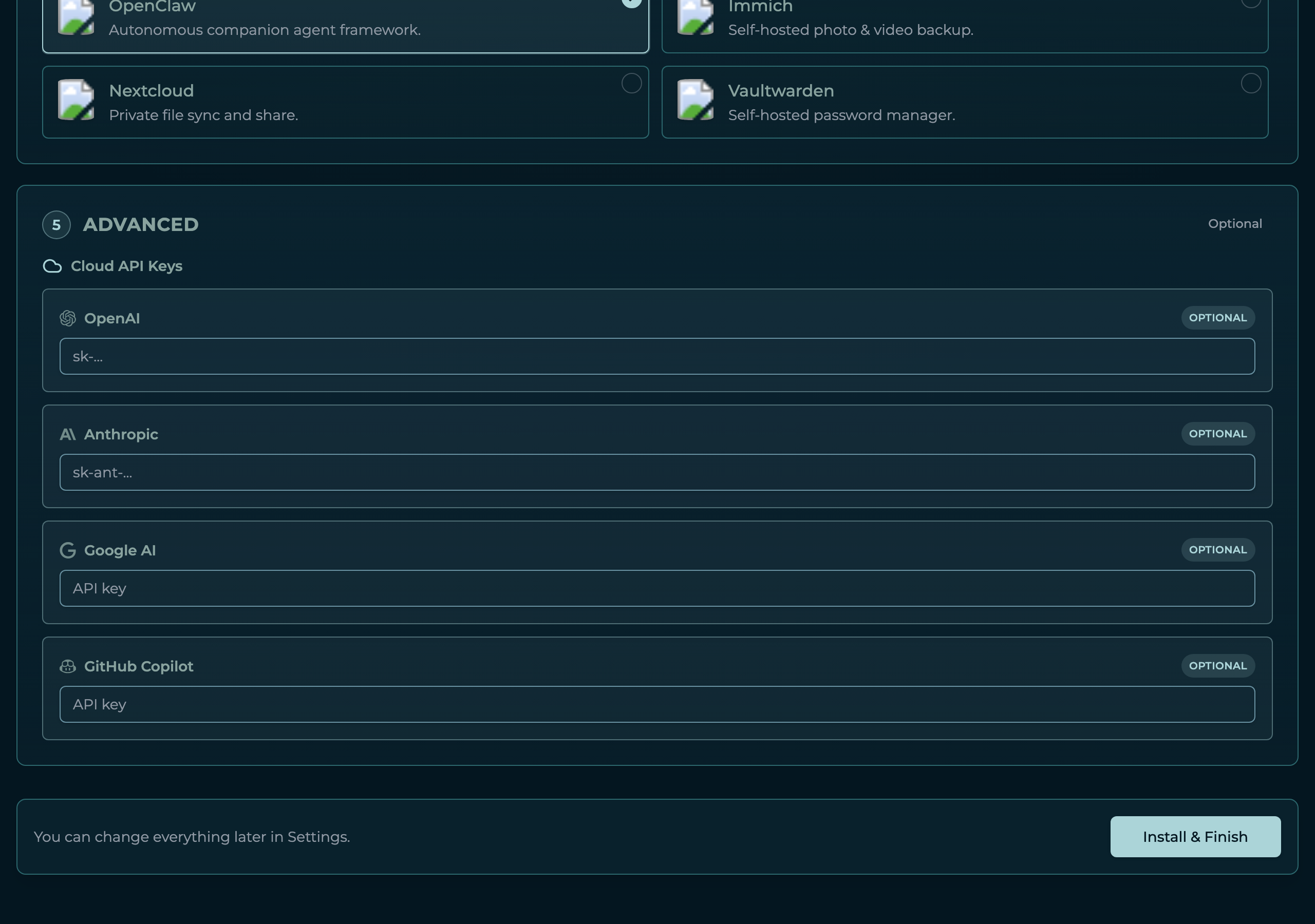 Advanced step in dark mode β optional Cloud API Keys fields for OpenAI, Anthropic, Google AI, and GitHub Copilot, each marked Optional, with the sticky Install & Finish bar