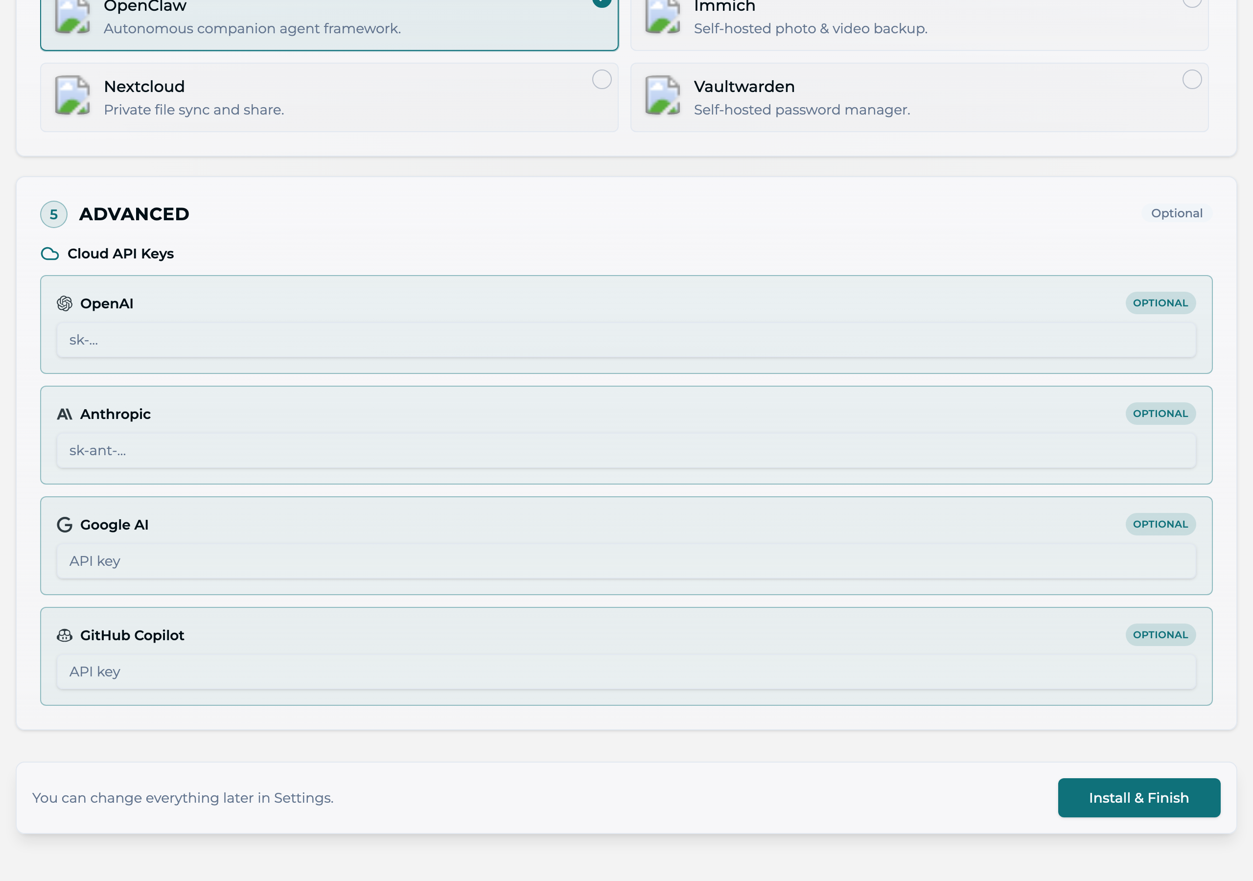 Advanced step β optional Cloud API Keys fields for OpenAI, Anthropic, Google AI, and GitHub Copilot, each marked Optional, with the sticky Install & Finish bar