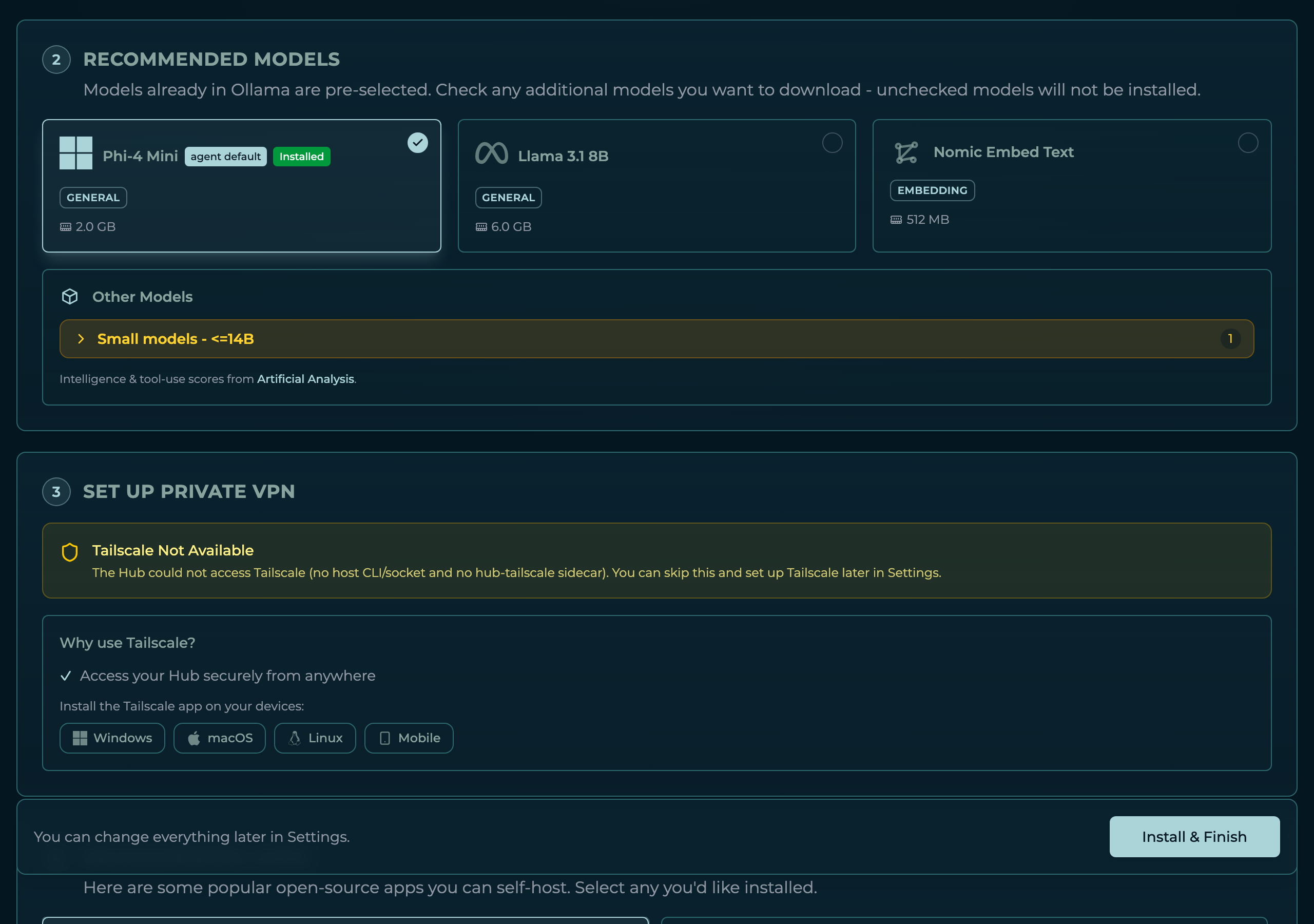 Recommended Models step in dark mode β Phi-4 Mini tagged agent default and Installed and selected, alongside Llama 3.1 8B and Nomic Embed Text with their memory footprints, plus an Other Models drawer and a download-size footer