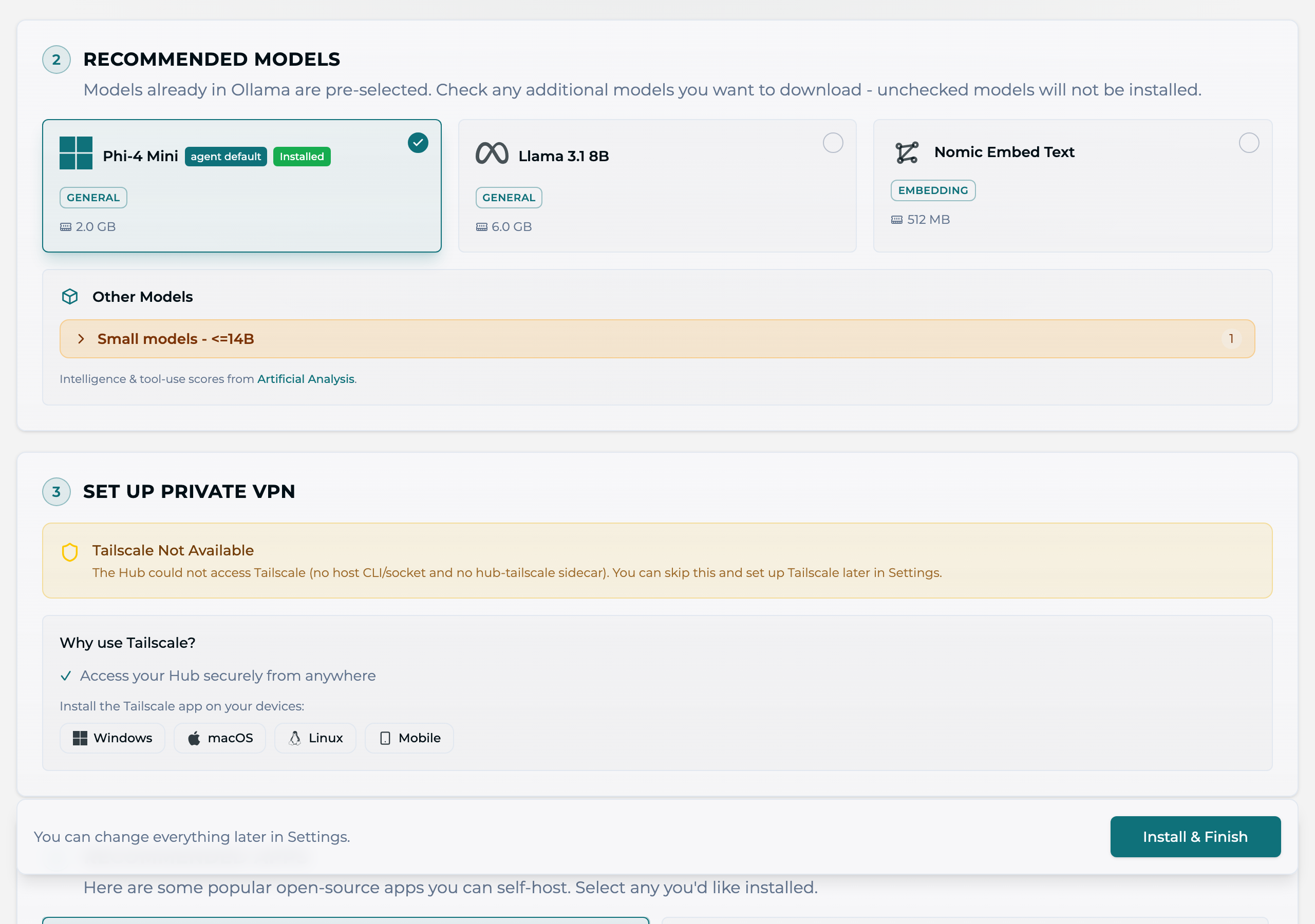 Recommended Models step β Phi-4 Mini tagged agent default and Installed and selected, alongside Llama 3.1 8B and Nomic Embed Text with their memory footprints, plus an Other Models drawer and a download-size footer