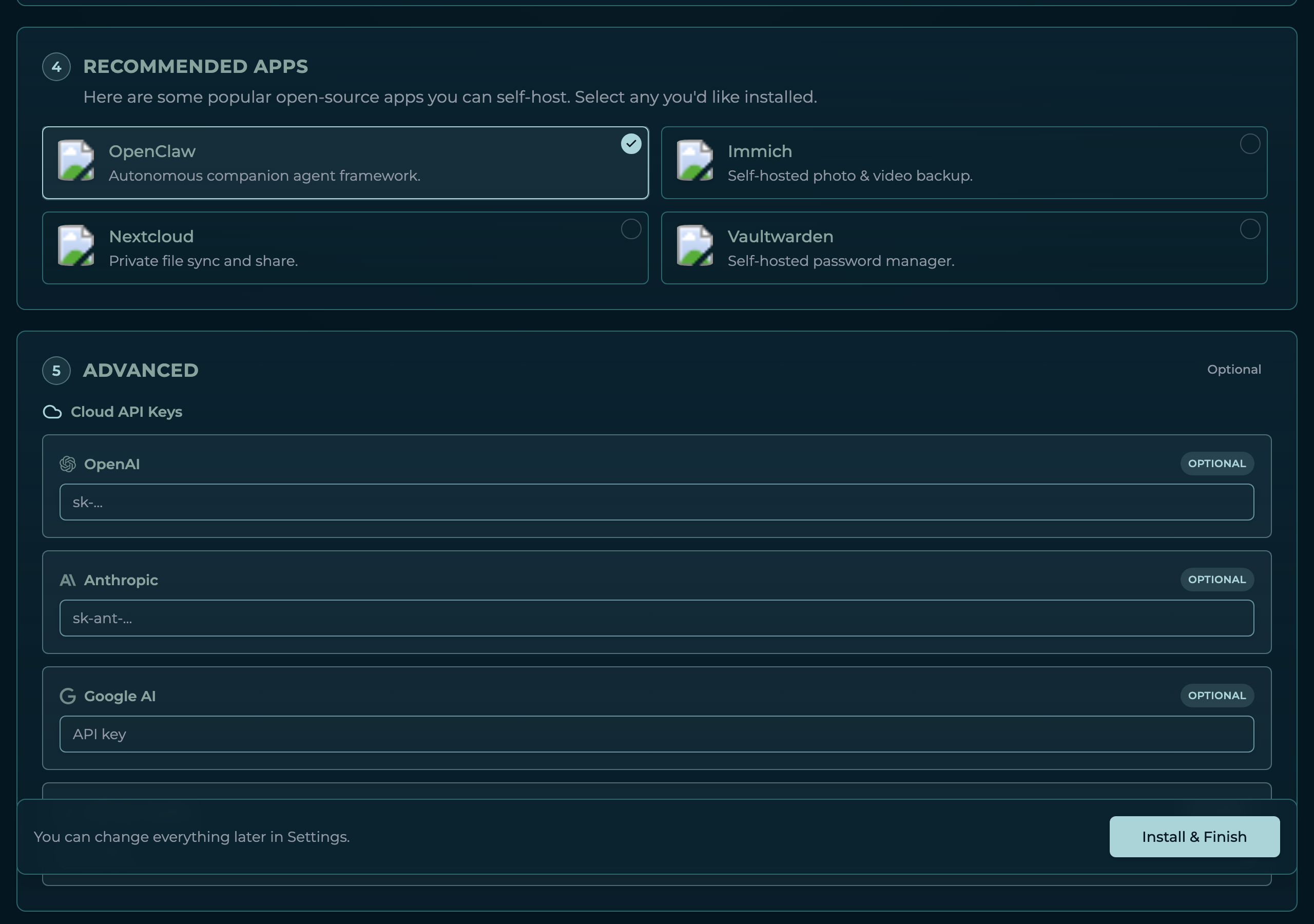 Recommended Apps step in dark mode β self-host cards for OpenClaw (selected), Immich, Nextcloud, and Vaultwarden, above the optional Advanced Cloud API Keys section
