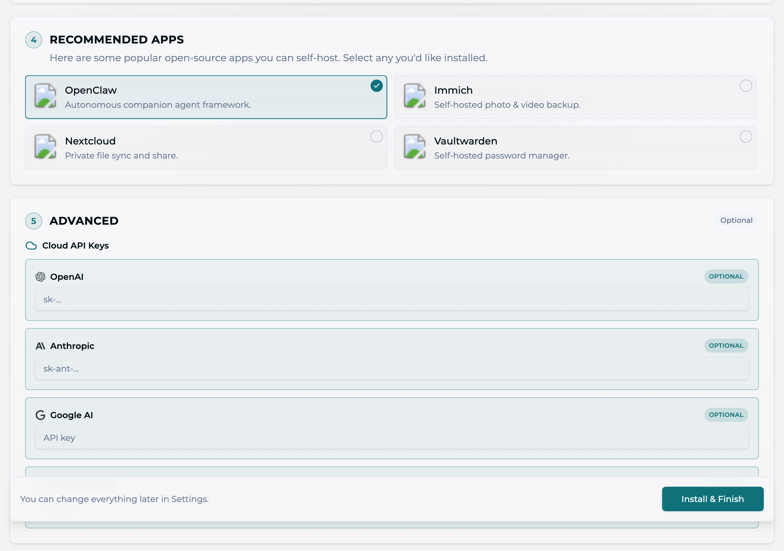 Recommended Apps step β self-host cards for OpenClaw (selected), Immich, Nextcloud, and Vaultwarden, above the optional Advanced Cloud API Keys section