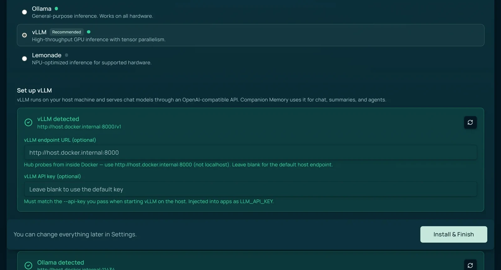 Set up vLLM card in the onboarding wizard: vLLM selected and marked Recommended in the backend list, a green vLLM detected state at http://host.docker.internal:8000/v1, an optional endpoint URL field reading http://host.docker.internal:8000 with a note that Hub probes from inside Docker, and an optional API key field that must match the --api-key passed to vLLM