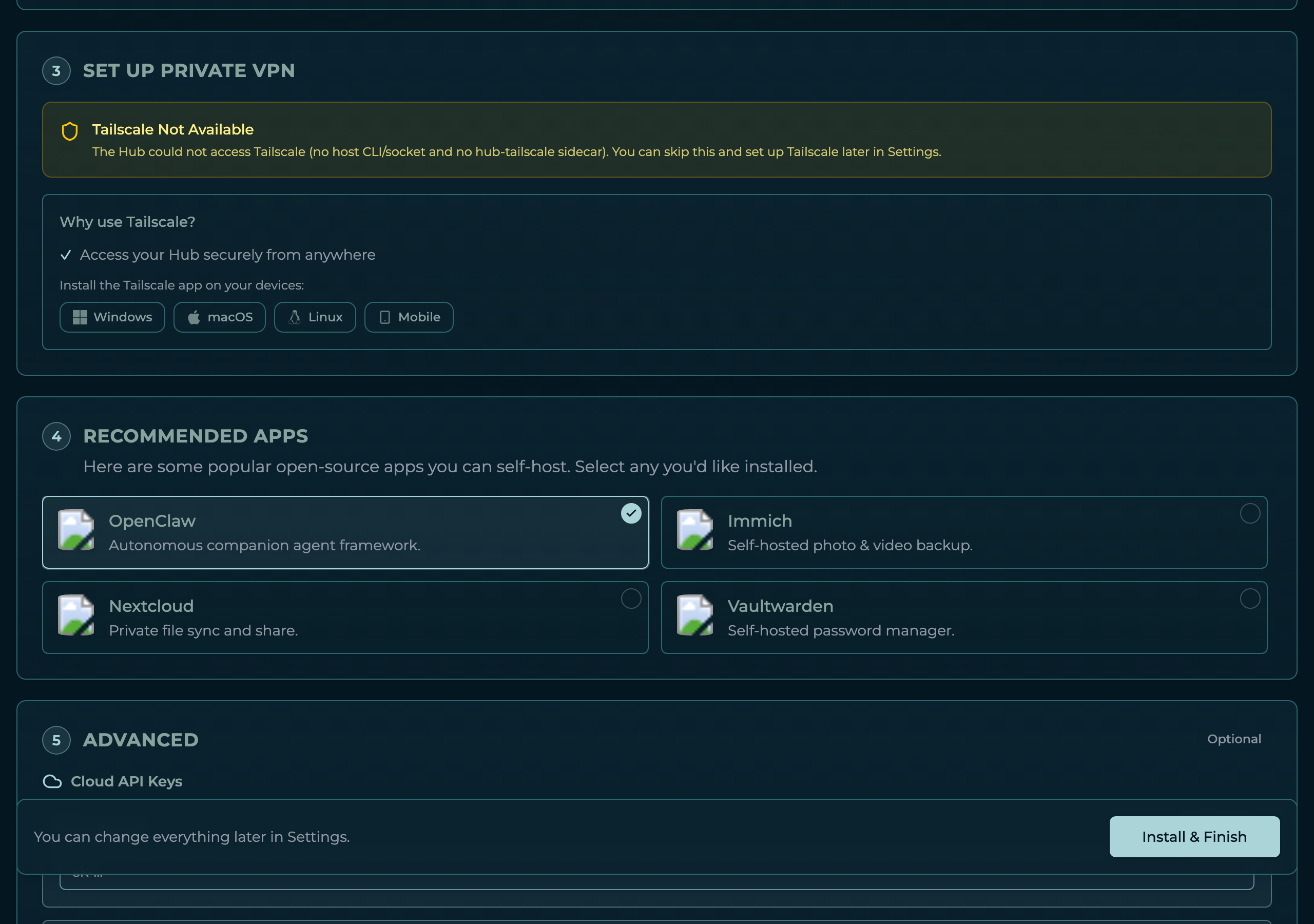 Set up Private VPN step in dark mode β a Tailscale Not Available notice with a skip option, a Why use Tailscale explainer, and Windows, macOS, Linux, and Mobile app links, above the Recommended Apps step