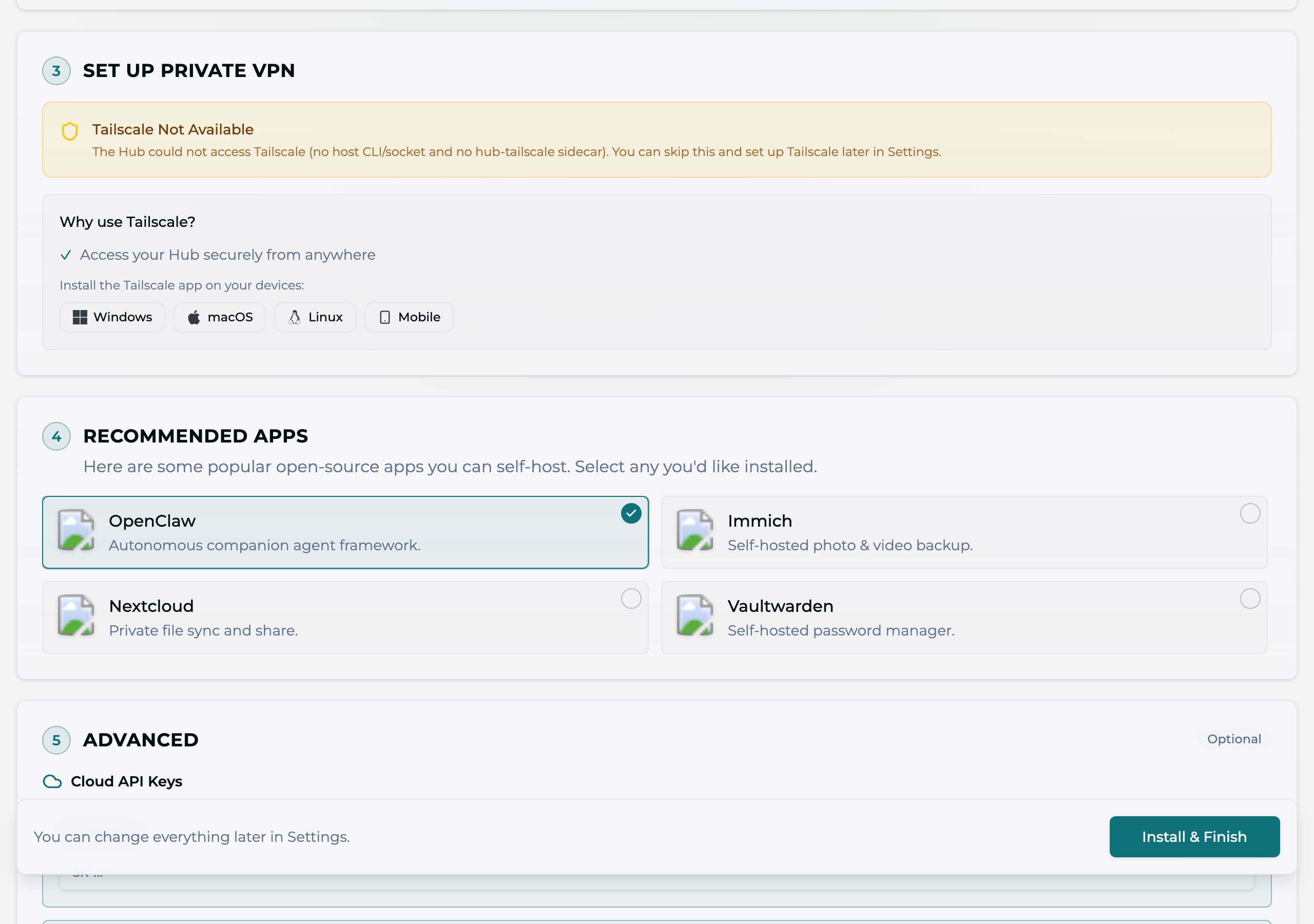 Set up Private VPN step β a Tailscale Not Available notice with a skip option, a Why use Tailscale explainer, and Windows, macOS, Linux, and Mobile app links, above the Recommended Apps step