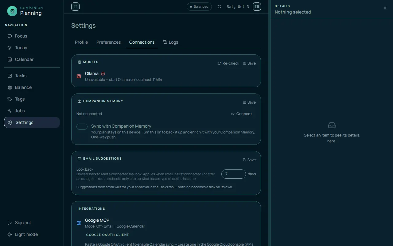 Settings on the Connections tab: cards for Models, showing Ollama as unavailable, Companion Memory, showing Not connected with a Connect button and a Sync with Companion Memory switch, Email suggestions, and Integrations, which starts with Google MCP and a Google OAuth client field