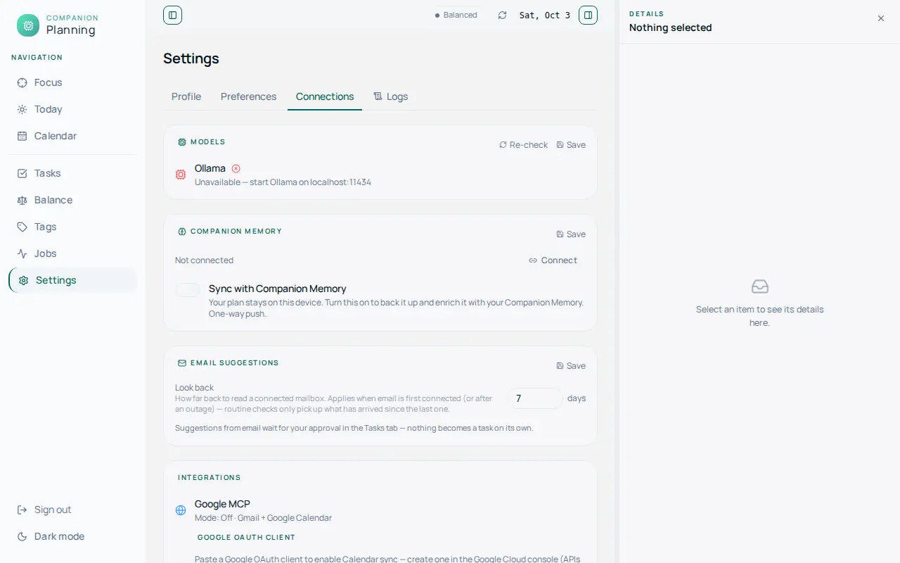 Settings on the Connections tab: cards for Models, showing Ollama as unavailable, Companion Memory, showing Not connected with a Connect button and a Sync with Companion Memory switch, Email suggestions, and Integrations, which starts with Google MCP and a Google OAuth client field