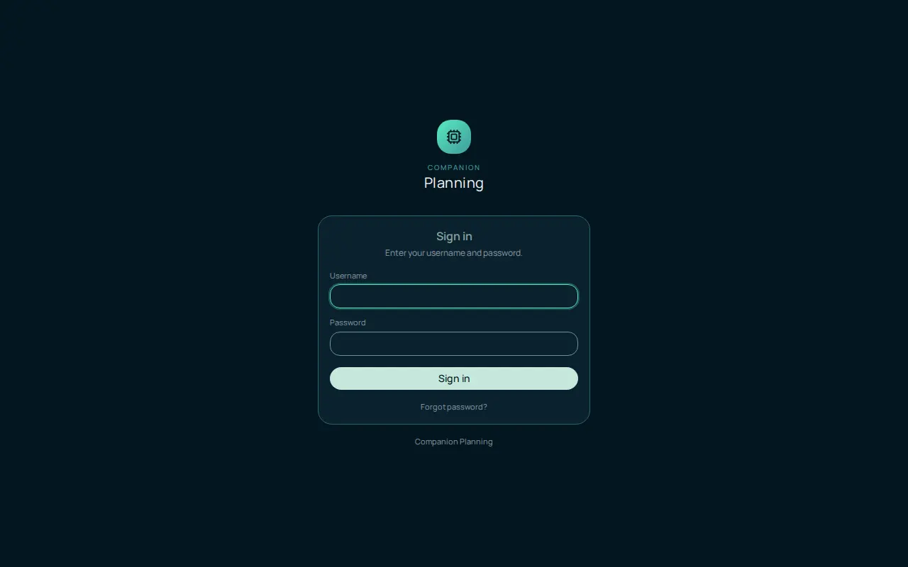 The Companion Planning sign-in screen: the heading Sign in, the text Enter your username and password, a Username field, a Password field, a Sign in button, and a Forgot password link
