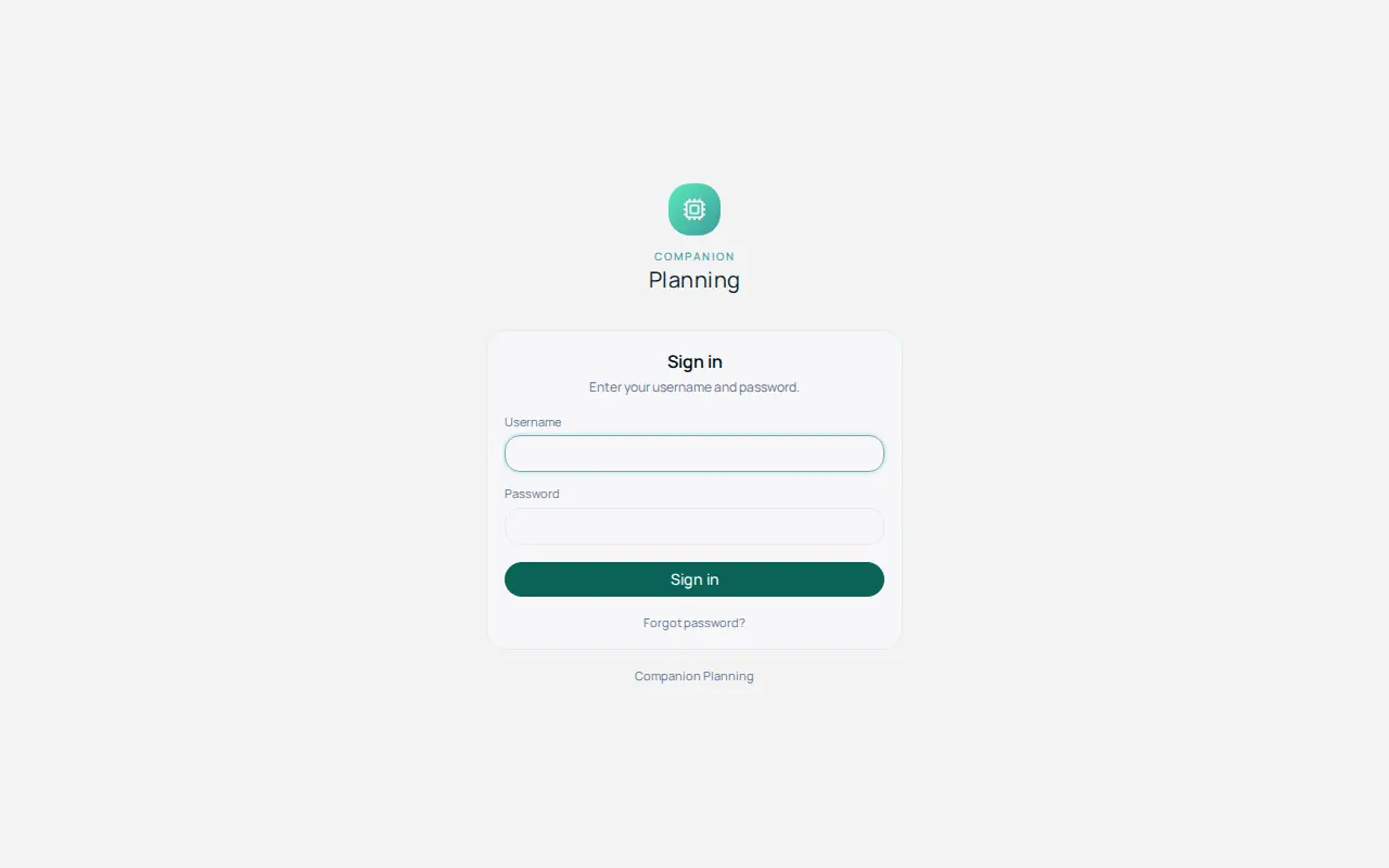 The Companion Planning sign-in screen: the heading Sign in, the text Enter your username and password, a Username field, a Password field, a Sign in button, and a Forgot password link
