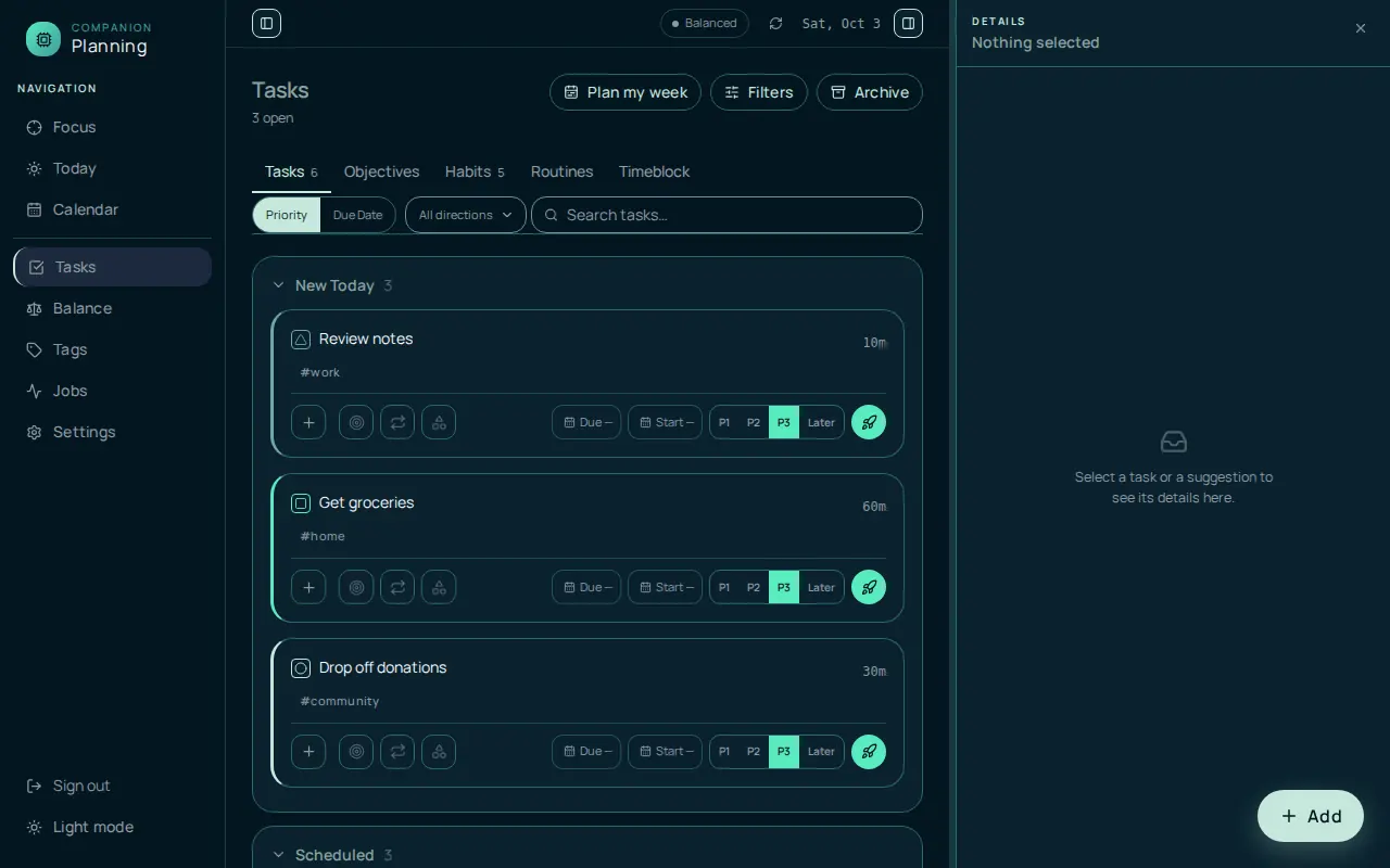 The Tasks view with the sample data loaded: a New Today section listing three tasks, Review notes, Get groceries, and Drop off donations, each with a duration, a tag, and priority buttons, and a Scheduled section below