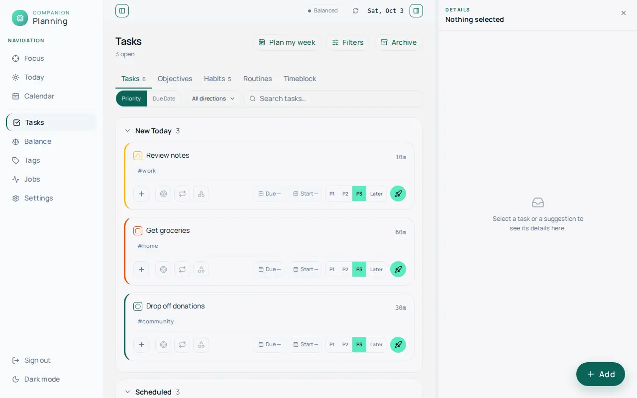 The Tasks view with the sample data loaded: a New Today section listing three tasks, Review notes, Get groceries, and Drop off donations, each with a duration, a tag, and priority buttons, and a Scheduled section below