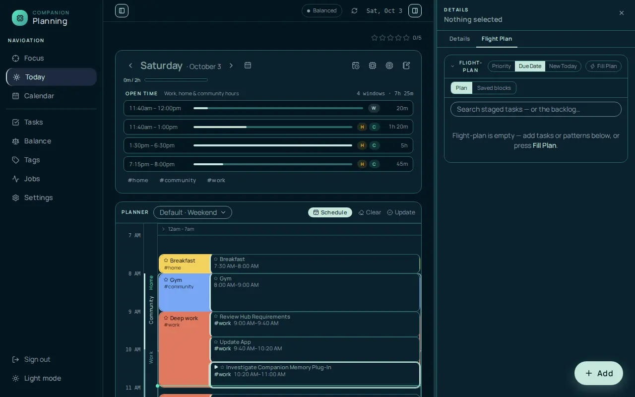 The Today view with the sample data loaded: the date and the open time windows at the top, a planner below with blocks for Breakfast, Gym, and Deep work and several scheduled tasks, and a Flight Plan panel on the right