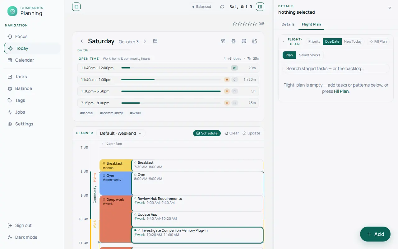The Today view with the sample data loaded: the date and the open time windows at the top, a planner below with blocks for Breakfast, Gym, and Deep work and several scheduled tasks, and a Flight Plan panel on the right