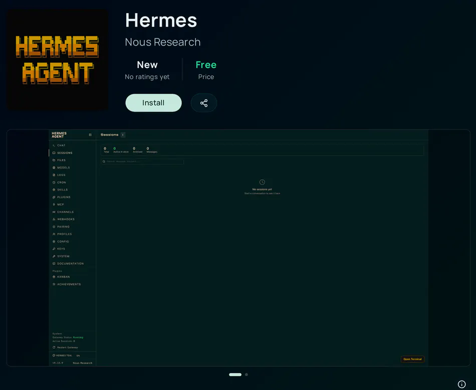The page for the Hermes app by Nous Research: its icon, a New rating badge, a Free price, an Install button and a share button, and a screenshot of the app below.