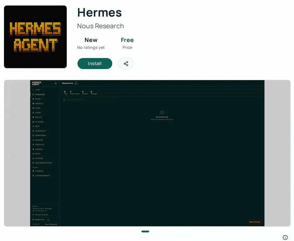 The page for the Hermes app by Nous Research: its icon, a New rating badge, a Free price, an Install button and a share button, and a screenshot of the app below.