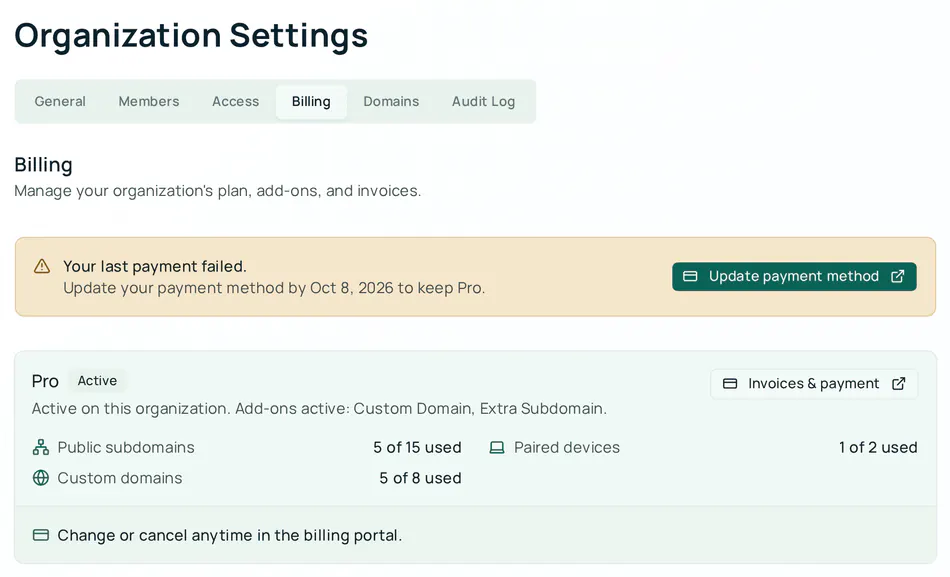 The Billing tab during the grace period after a failed renewal. An amber banner reads Your last payment failed, Update your payment method by a date to keep Pro, with an Update payment method button. Below it, the summary card still reads Pro, Active, with its add-ons and usage rows.