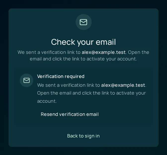 The Check your email card: a message that a verification link was sent to the address entered, a Verification required notice with a Resend verification email button, and a Back to sign in link.