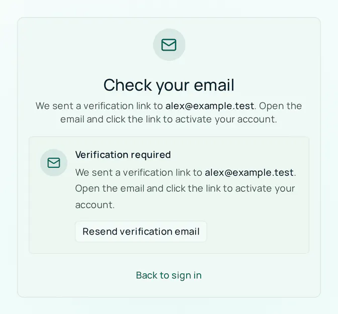 The Check your email card: a message that a verification link was sent to the address entered, a Verification required notice with a Resend verification email button, and a Back to sign in link.