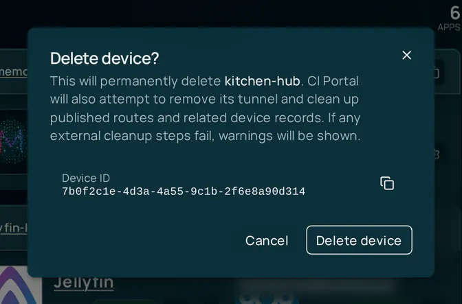 The Delete device? dialog. It says this permanently deletes kitchen-hub, that the CI Account also attempts to remove its tunnel and clean up published routes and related device records, and that warnings are shown if any cleanup step fails. It shows the device ID, with Cancel and Delete device buttons.
