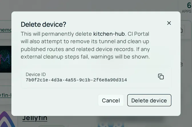 The Delete device? dialog. It says this permanently deletes kitchen-hub, that the CI Account also attempts to remove its tunnel and clean up published routes and related device records, and that warnings are shown if any cleanup step fails. It shows the device ID, with Cancel and Delete device buttons.