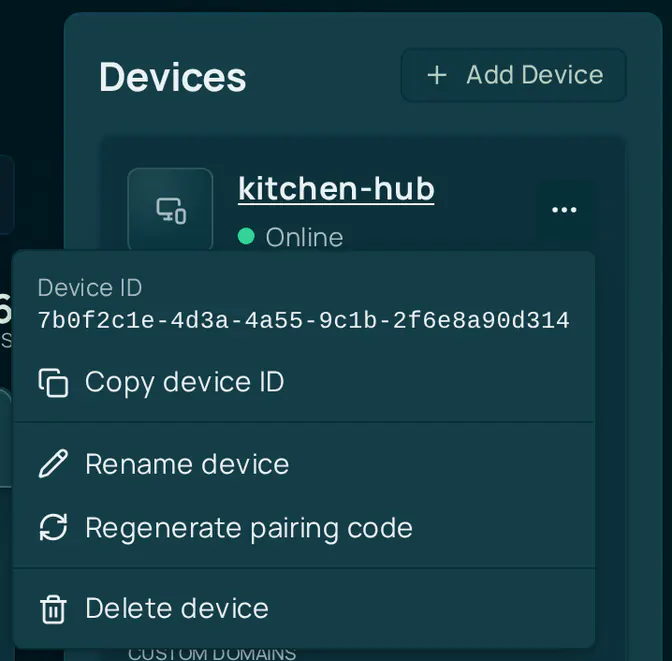 The Devices panel on Home with the Device options menu open on the kitchen-hub card. The menu shows the device ID and the items Copy device ID, Rename device, Regenerate pairing code, and Delete device.