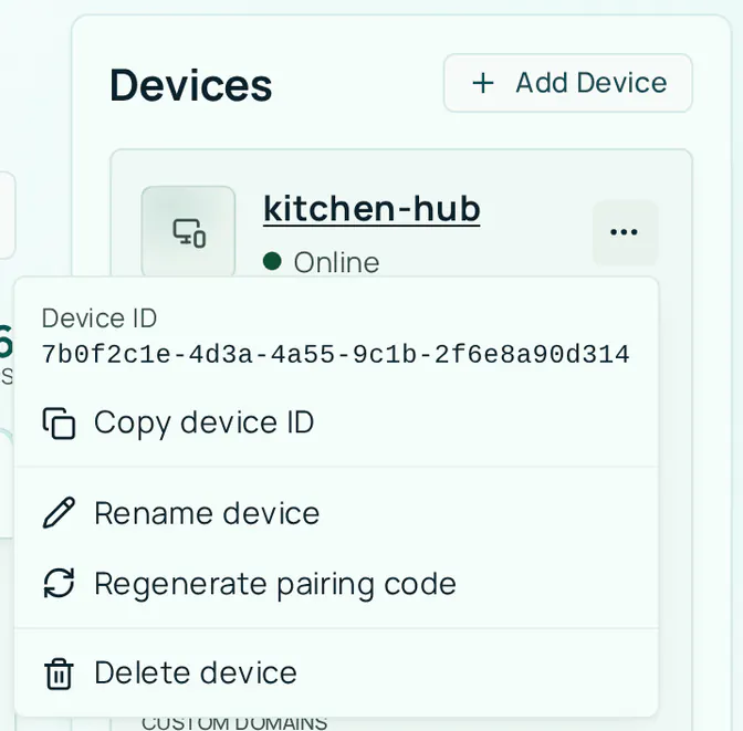 The Devices panel on Home with the Device options menu open on the kitchen-hub card. The menu shows the device ID and the items Copy device ID, Rename device, Regenerate pairing code, and Delete device.
