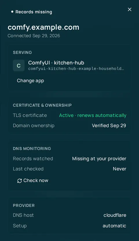 The details panel of a domain marked Records missing. Serving: ComfyUI on kitchen-hub. The TLS certificate is active. Under DNS monitoring, Records watched reads Missing at your provider, with a Check now button.