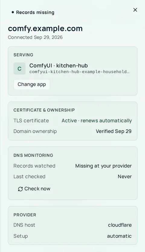 The details panel of a domain marked Records missing. Serving: ComfyUI on kitchen-hub. The TLS certificate is active. Under DNS monitoring, Records watched reads Missing at your provider, with a Check now button.