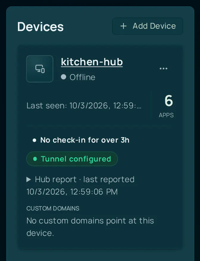 The Devices panel for the same Hub after five hours without a check-in. The card shows Offline and a No check-in for over 3h badge next to the Tunnel configured badge, and the Hub report is collapsed.